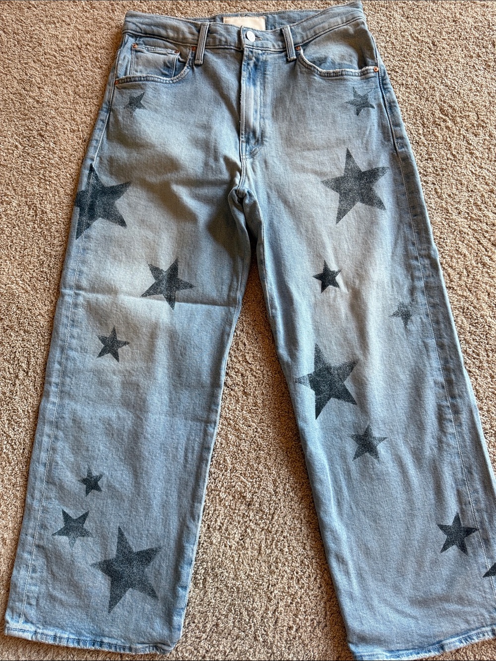 MOTHER Light Blue Straight-Leg Jeans with Black Star Print